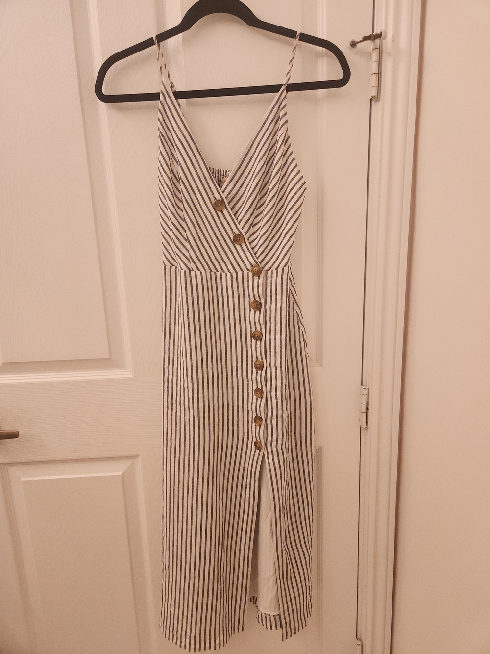 Urban Outfitters Gray and White Striped Button-Front Linen Midi Dress - Sz Small - Picture 3 of 6